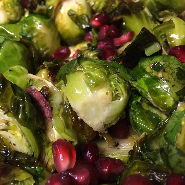 Buttered sprouts with walnuts, shallots and pomegranate