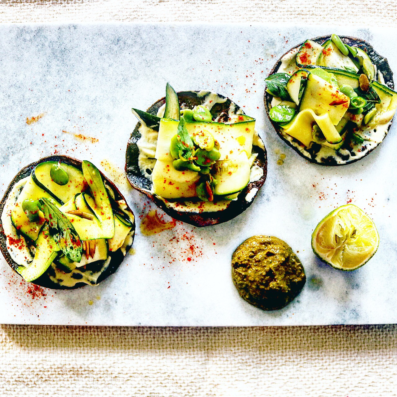 Broad bean courgette tastadas