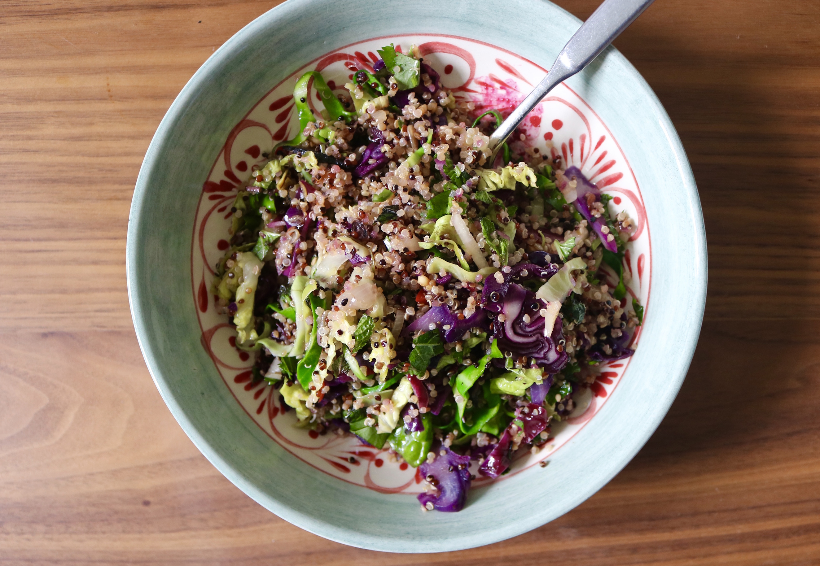 red cabbge spring greens quinoa salad