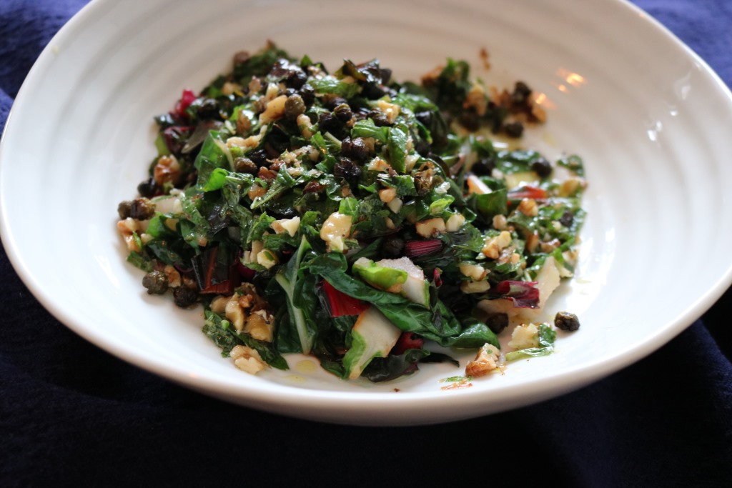 Rainbow chard with walnut chile salsa ad