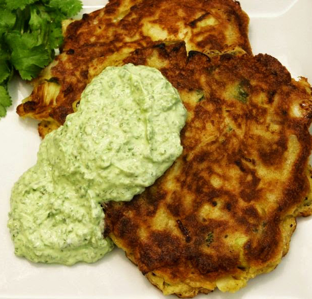Kohlrabi and carrot fritters with avocado sauce
