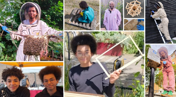 Various photos of Anokye and family as beekeeper, hive maker and market trader