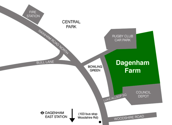map showing location of Growing Communities' Dagenham Farm off Rainham Road North and Luke Allsopp Square