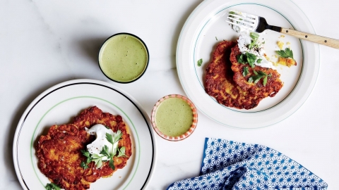 Chickpea pancakes with leeks and squash