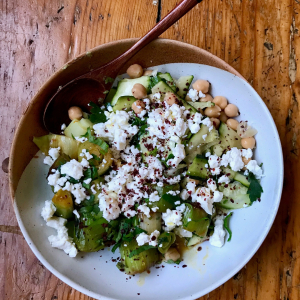 charred leek salad chickpeas feta