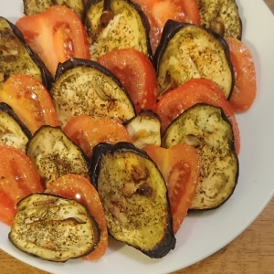 roasted aubergine and tomato salad