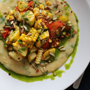 Summer vegetable polenta jalapeno oil