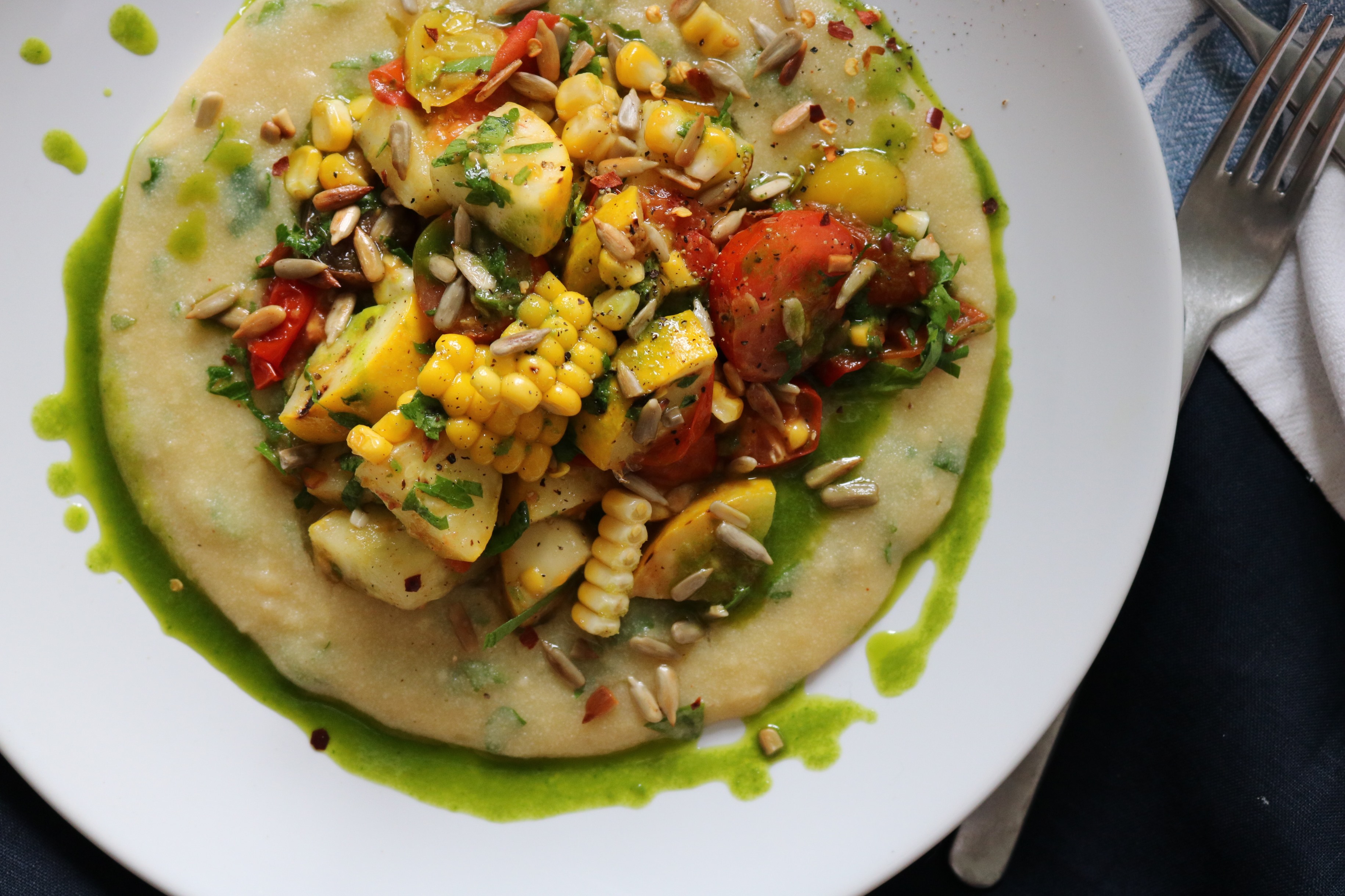 Summer vegetable polenta jalapeno oil