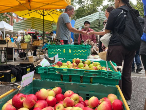 crates of organic apples from Pear Necessities on market stall